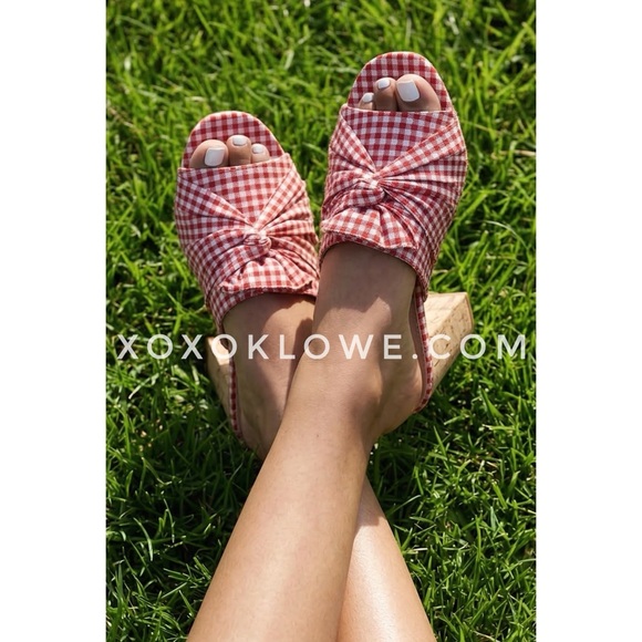 Qupid Shoes - QUPID Red Gingham Knotted Mule Sandals | Checkered Block Heel Slip On Shoes